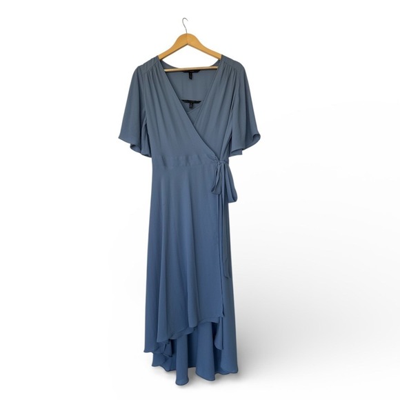 White House Black Market Slate Blue Wrap Midi Dress Flutter Sleeve Tie Waist M - Picture 2 of 4